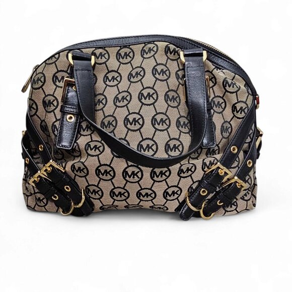 Michael Kors Milo Signature Leather Buckle Black & Beige Shoulder Bag COA - Picture 9 of 14